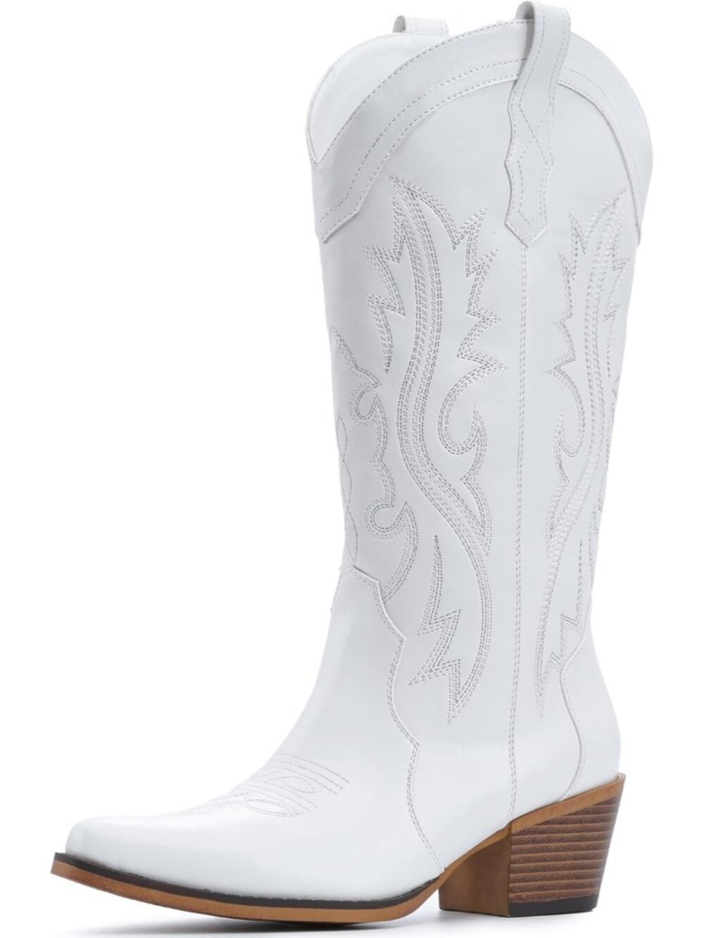 Women's White Rubber Mid Calf Embroidered Stitched Pointed Toe Chunky Heel Boots - Picture 3 of 5